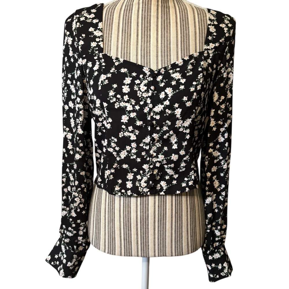 NEW Love Tree Top Large Cropped Black Ditzy Floral White Gold Green Blouse Boho